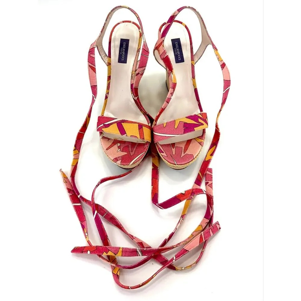 Emilio Pucci Vintage Y2K Wedge Sandal Size 10/40 Pink Multicolor Designer Italy
